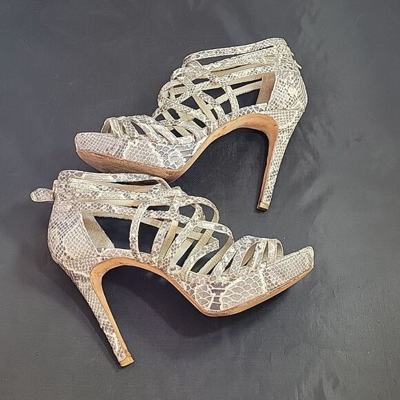 WOMEN"S POUR LA VICTOIRE SNAKESKIN LEATHER OPEN TOE HIGH HEEL STILETTOS SANDAL - Picture 9 of 12